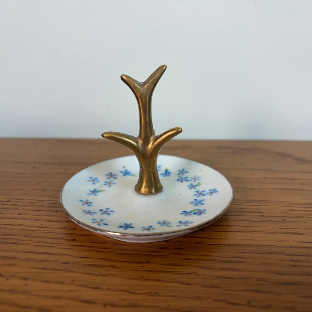 Van Gilder Hand Painted Porcelain Ring Holder Tree Blue Floral Gold Trim